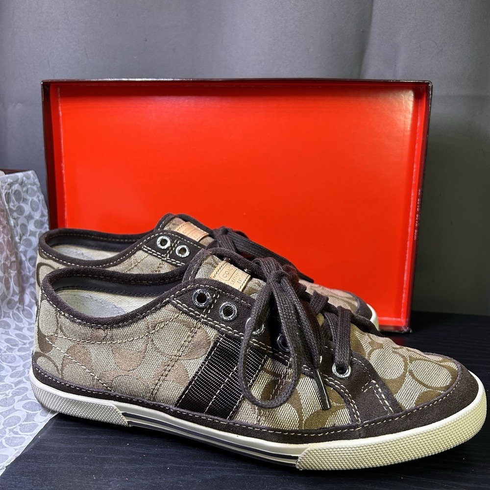 Coach Brad FS12CM SIG C Sneakers Men's Sz 8 Khaki Chestnut Jacquard Canvas Seude
